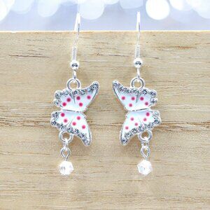 Butterfly Polka Dot Drop Earrings Silver Pink | Handmade